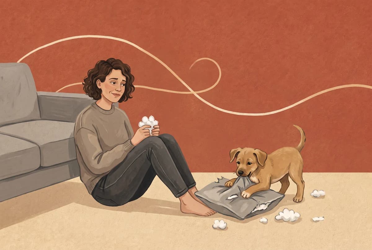 Ilustración de una mujer sentada en el suelo de casa, cansada pero sonriente, junto a un cachorro que muerde un cojín roto