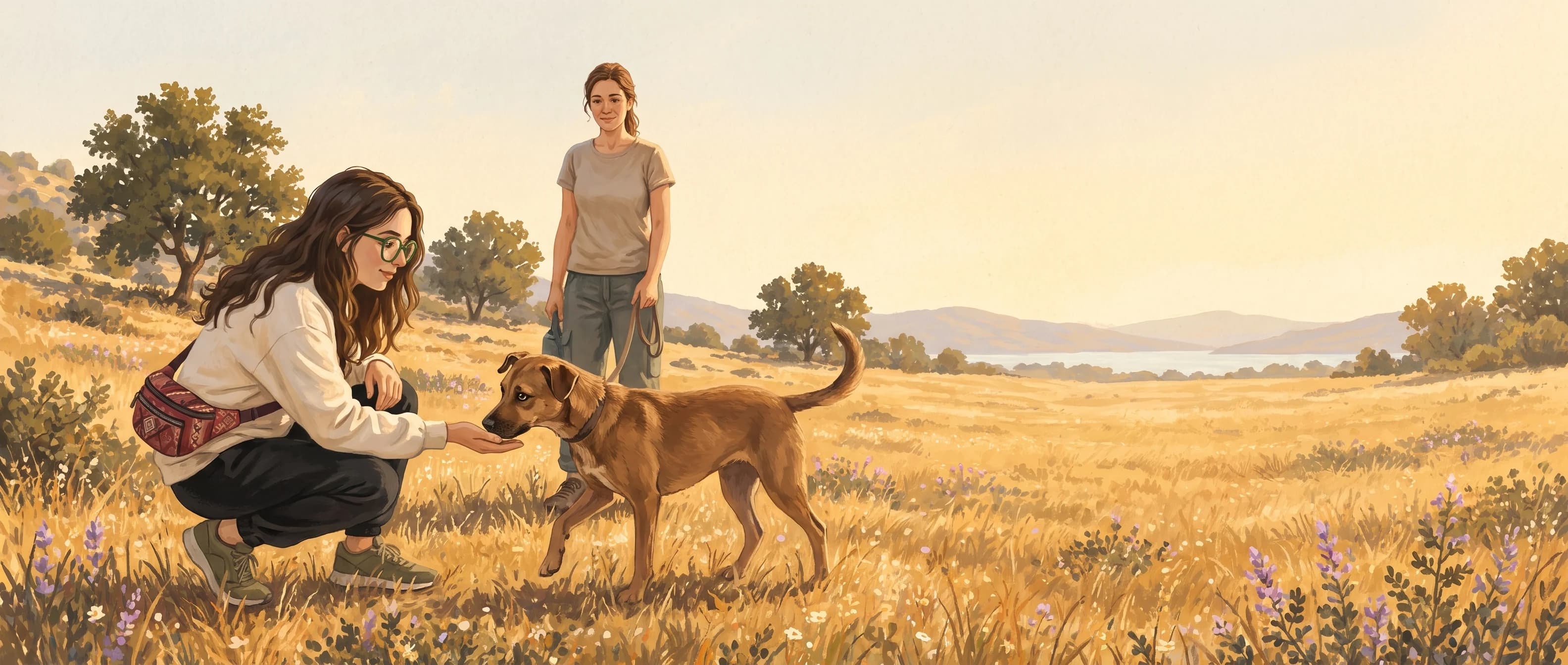 Ilustración de Sandra agachada saludando al perro de una familia, que se acerca a olerle la mano mientras su dueña observa