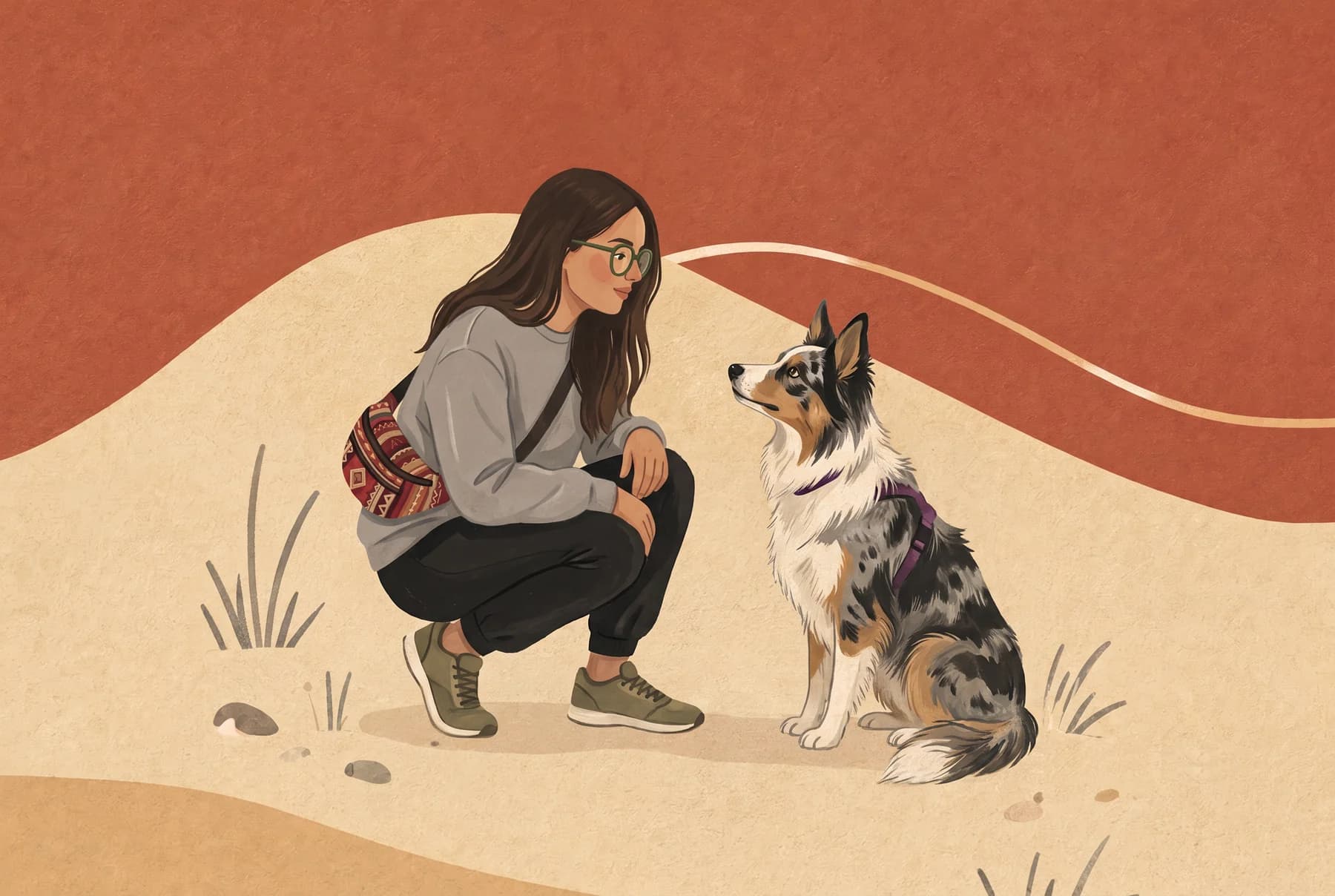 Ilustración de Sandra agachada a la altura de Area, que la mira con atención