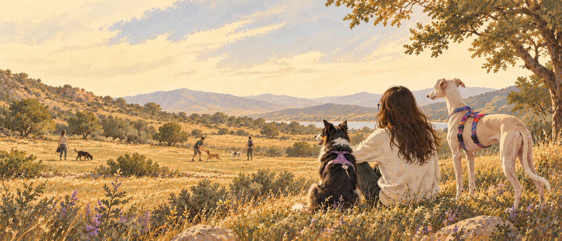 Ilustración de Sandra sentada en la hierba junto a Area y Zara, observando a lo lejos a personas que pasean con sus perros