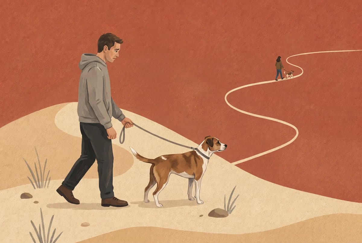 Ilustración de un hombre que mira preocupado a su perro, que se ha quedado fijo mirando a otro perro a lo lejos