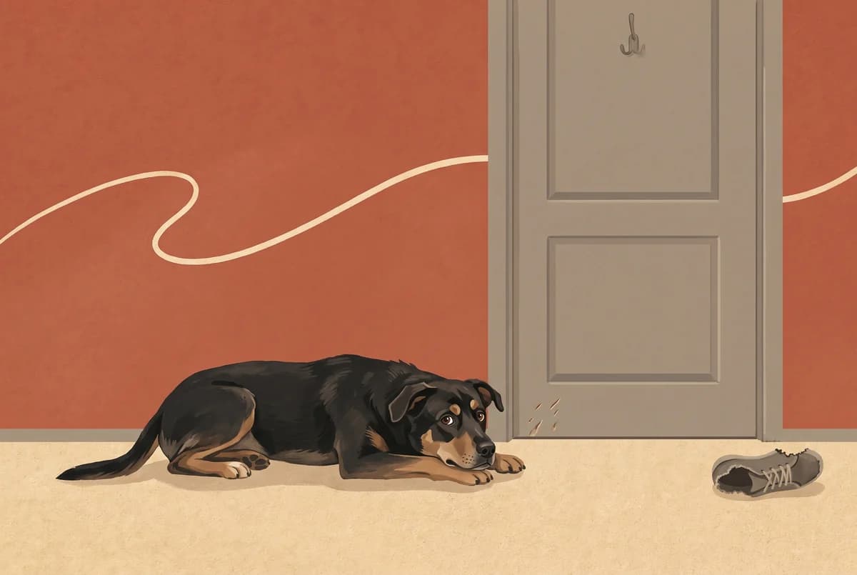 Ilustración de un perro tumbado junto a la puerta cerrada, esperando con cara de preocupación, con una zapatilla mordida al lado